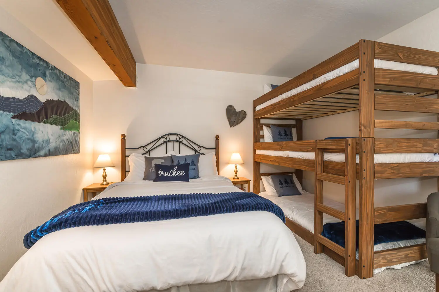 Queen bed and Twin XL bunk in one room