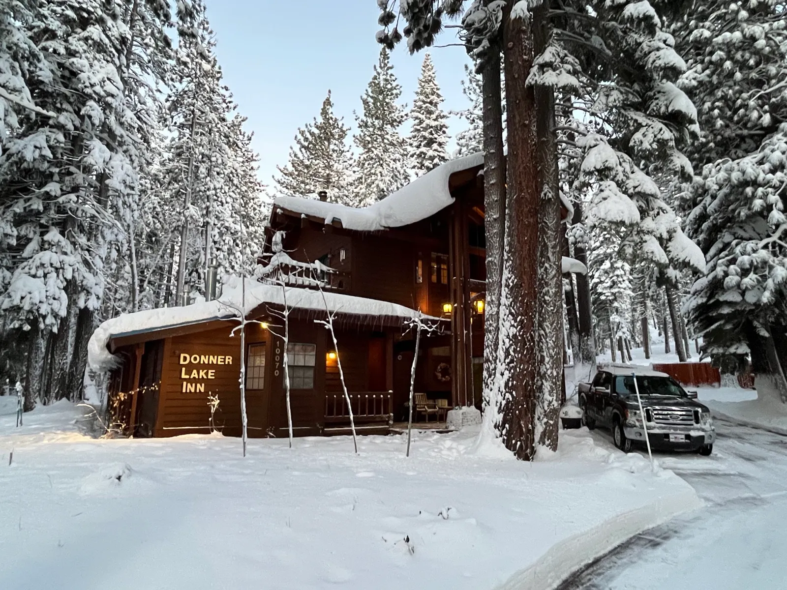 Donner Lake Inn in deep winter snow